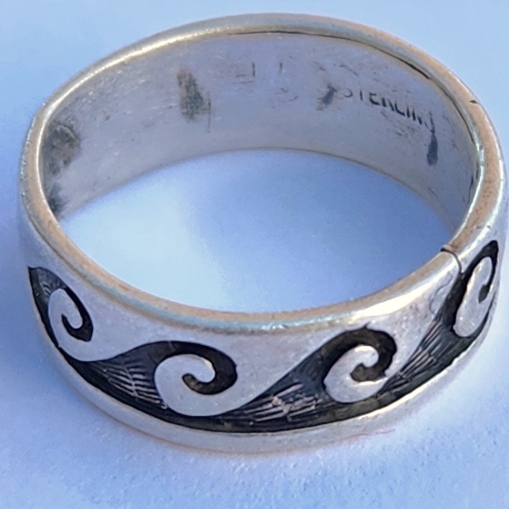 Stamped Sterling/Acid Tested Size 7 Rolling Wave Wide Band RingSome Patina